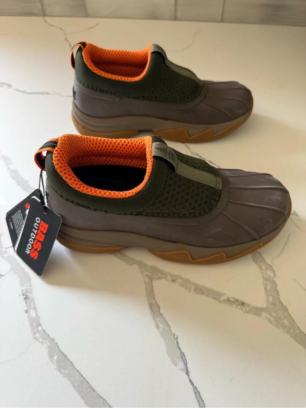 New Bass Kids Olive Green and Orange Slip-On Duck Boots size 6